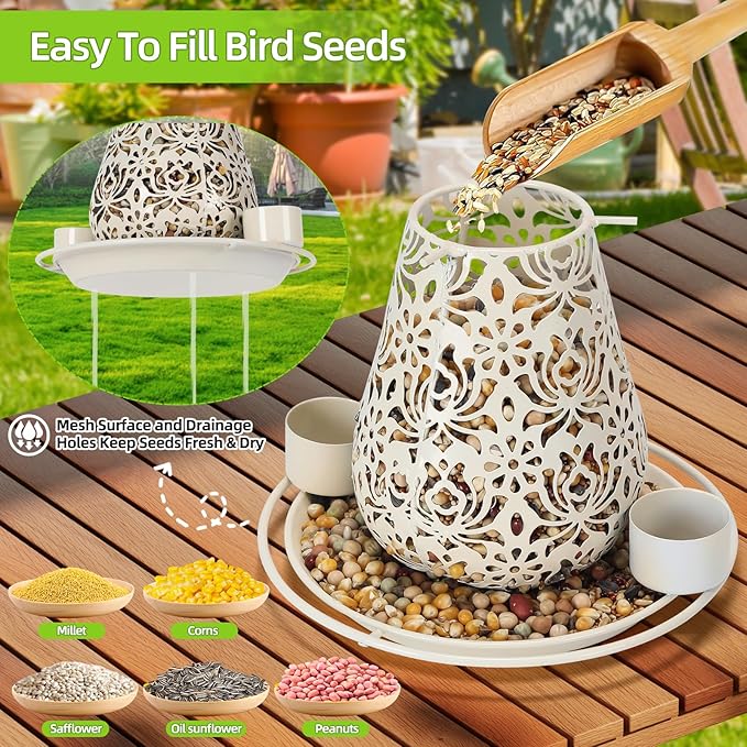 Mushroom Solar Bird Feeders for Outdoors Hanging Metal Wild Bird Feeder Garden Lantern with S Hook for Garden Decoration red