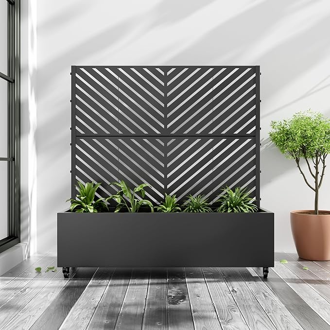 Casaphoria Metal Raised Garden Bed with Trellis and Wheels, 47"x47"x16" Planter Box for Climbing Plants, Vegetables & Vines, Features Drainage Holes and Privacy Screen (Black-Parallel)