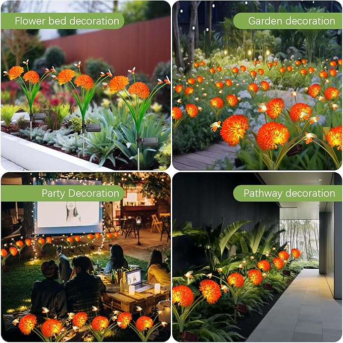 Solar Garden Lights, 2 Pack Solar Swaying Bee Lights with Flowers, Waterproof Solar Firefly Lights Outdoor for Garden Patio Yard Pathway Fall Decoration, Gifts for Women Mother's Day