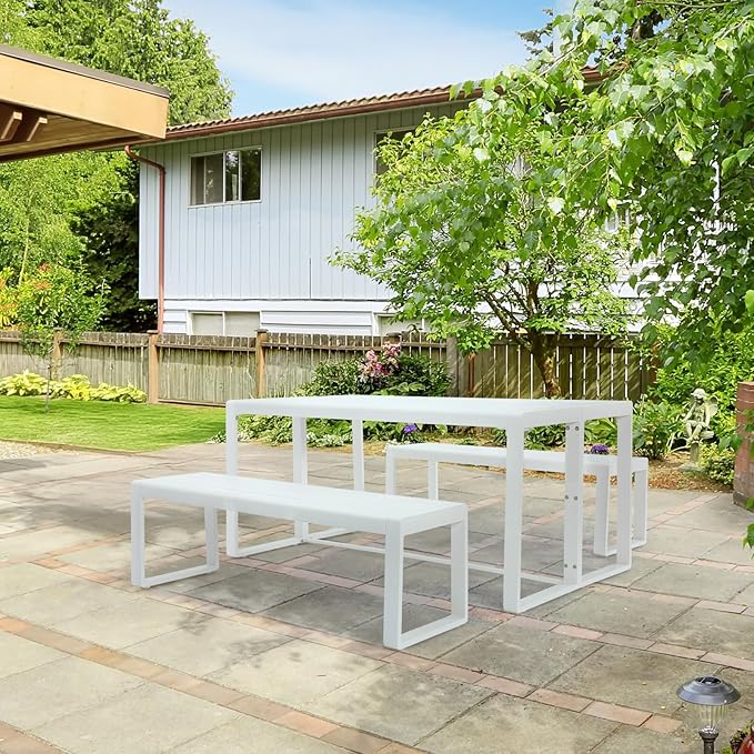 Aoodor 3-Piece Outdoor Patio Dining Set, Aluminum Furniture Set with 1 Rectangular Picnic Table and 2 Benches for Garden, Lawn, Yard