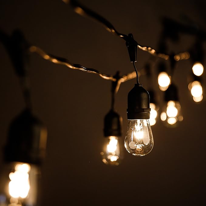 100 Foot Commercial Outdoor String Lights with 50 Suspended Sockets and S14 11 Watt Bulbs (+ 2 Free Spares) - E26 Vintage String Lights for Patio, Yard, Deck, Cafe, Bistro and More