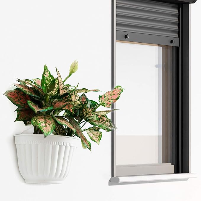 5 Pack Resin Wall Hanging Planter Pots Vertical Garden Living Wall Mount Window Hang Box Container Indoor Outdoor for Plants Flowers Kitchen Herbs Holder with Drainage Water Reservoir Decor White