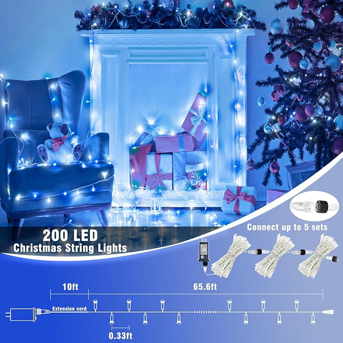 Vivideal 200 LED Christmas Lights Outdoor - 66ft Christmas String Lights 8 Modes Plug in Waterproof Fairy Lights with Timer Memory for Indoor Outside Bedroom Home Party Decoration, Blue&White