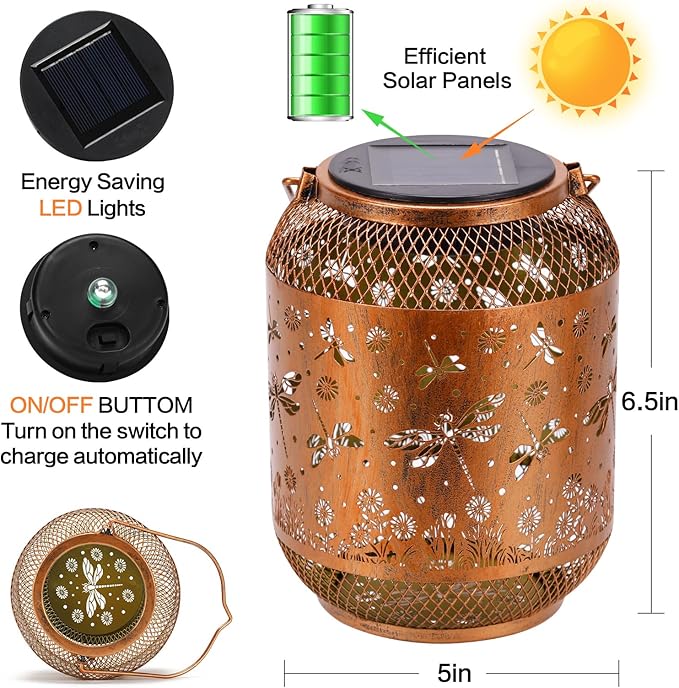 Solar Lanterns Outdoor Waterproof Dragonfly Garden Decor Gifts for Women Mom Grandma Hanging Solar Lights Metal Lantern Decoration Outside for Yard, Patio, Backyard, Porch