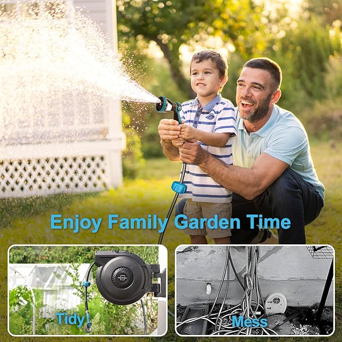 Retractable Garden Hose Reel - 5/8 inch x 60 ft Wall Mounted Hose Reel with 10 Pattern Nozzle & Any Length Lock, Heavy Duty Water Hose Supports Automatic Rewind & 180° Swivel, Black