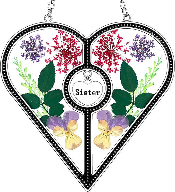 KY&BOSAM Heart Suncatcher Sister Stained Glass for windsows Hanging Wind Chimes with Pressed Real Flower Heart in Glass with Metal Trim Heart Charm Birthday Gift for Sister Mothers Day Christmas Decor