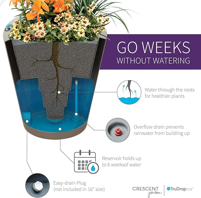 Crescent Garden Dot TruDrop Indoor/Outdoor Planter, Self-Watering Modern Plant Pot, 16 Inches, (Ash)