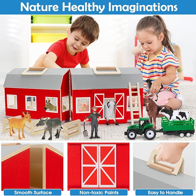 YEEBAY Farm Animals Toys for 3+ Year Old Kids Toddlers Girls Boys, Large Wooden Barn with Animal Play Figures, Farm Playset Educational Learning Toys, Ideal Christmas Birthday Gifts