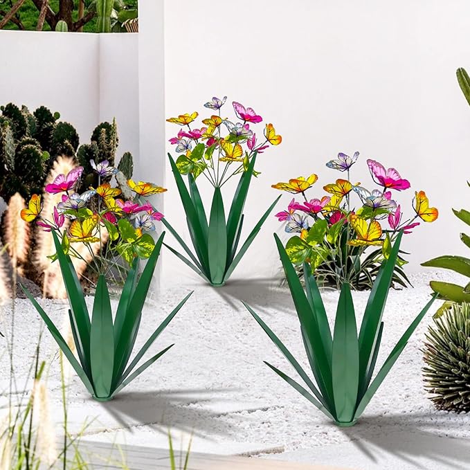 Garden Outdoor Butterfly Enlarge Thickened Wind Resistant Metal Agave Garden Art Metal Plant Country Sculpture Statue Decorations Ornaments Artificial Waterproof Butterflies(Green 2pcs)