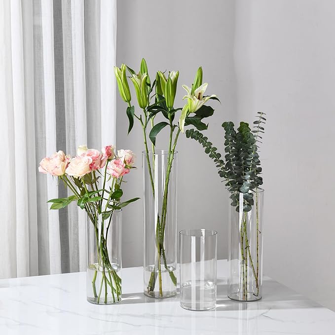 Clear Flower Vase, Non-breakable Vases, 5" W x 5" H, Acrylic Vase, Aesthetic Room Decor Cylindrical Modern Flower Vases for Table Centerpiece, Home Decor, Women Floral Arrangement Gift
