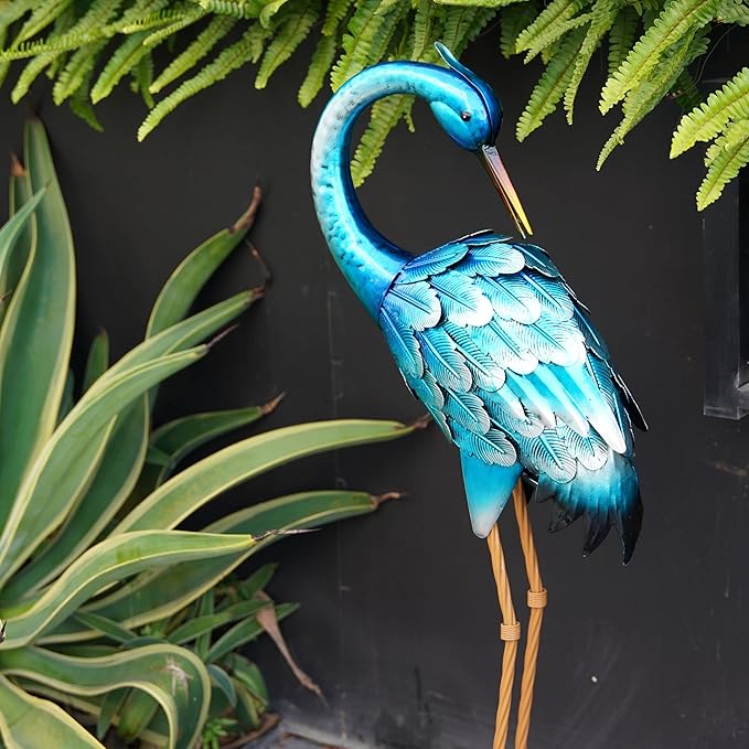 chisheen Metal Crane Garden Statue, Blue Heron Sculpture Yard Art, Large Heron Decoy, Bird Statues, Lawn Ornaments for Backyard Pond Patio Porch Outside Decorations