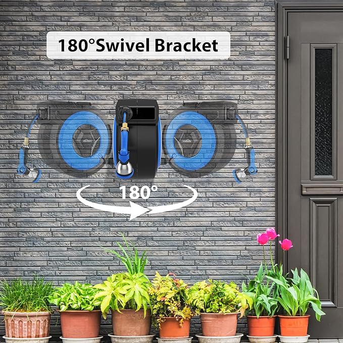 Retractable Garden Hose Reel, 5/8" x 90FT Automatic Retractable Water Hose Reel Wall Mount, with 10- Function Sprayer Nozzle, Any Length Lock/Auto Rewind/180°Swivel