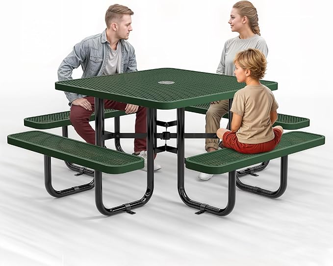 Metal Picnic Tables for Outdoors with Umbrella Hole - Coated Steel Heavy Duty Commercial Grade Table with Adjustable Seats (Green, 46 in, Square, Expanded Steel)