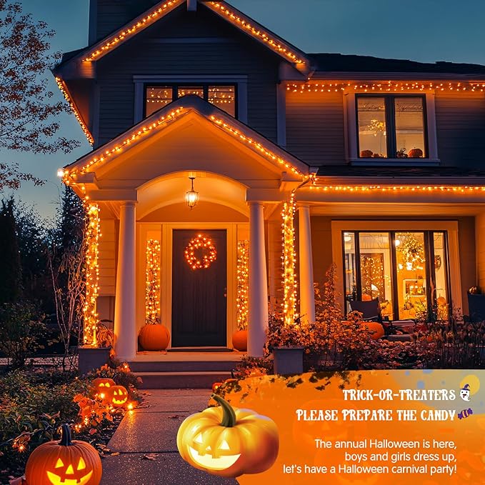JMEXSUSS 2 Pack Orange Halloween Lights: 100 LED 33ft Solar Halloween Lights Outdoor Waterproof - 8 Modes Orange Lights for Halloween Outside Tree Gardens Party