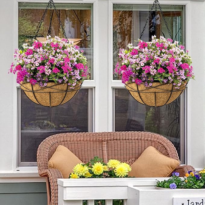 Hanging Planters for Outdoor Plants: 2 Pack 16" Hanging Baskets Flower Pots with Coco Liners & Plastic Saucer Large Deep Hanging Plant Holder for Porch Balcony Garden Décor