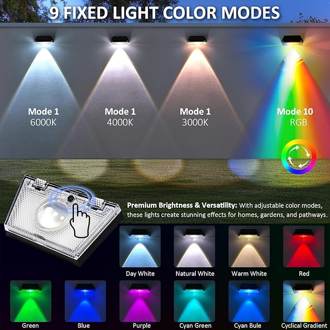 Solar Fence Lights Outdoor - IP65 Waterproof, 3000/4000/6000K & RGB Fence Lights Solar Powered, Deck Light for Outside Backyard, Patio, Deck, Stair Handrail, Pool and Wall (2PK)