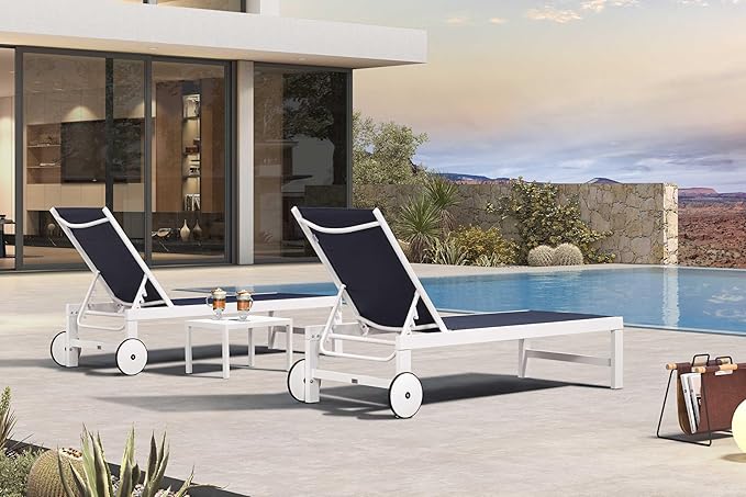 PURPLE LEAF Outdoor Chaise Lounge Staight Legs Adjustable Sunbathing Recliner with Side Table Navy Blue 2 Sets