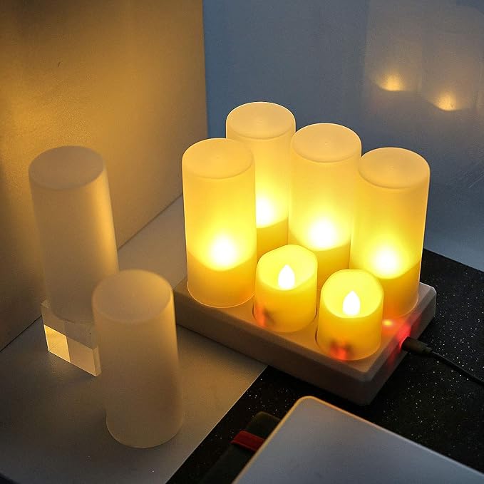 Rechargeable Tea Lights LED Flameless Christmas Candles, Set of 6 Electric Votive Tealights Flickering Candle with Remote Timer and Charging Holder for Home Centerpiece Party Holiday Decorations