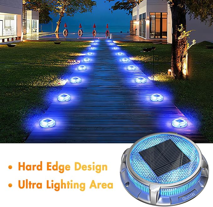 Quntis Solar Deck Lights Outdoor, 3 Color Modes Solar Driveway Lights IP68 Waterproof, Deck Light for Stair Pathway Walkway Pool Road (Blue/Cool White/Warm White) 2 Pack