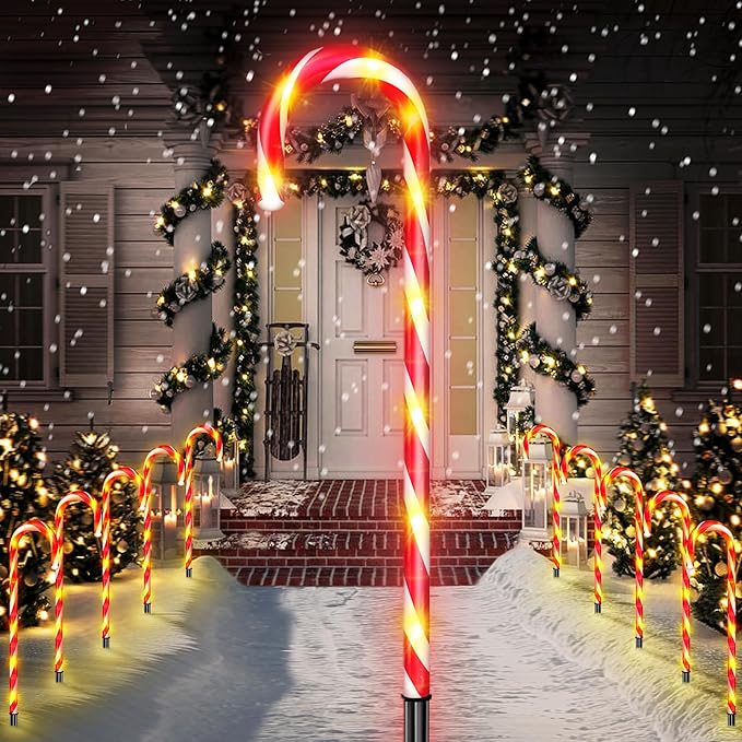 WeGuard 10PK Christmas Candy Cane Pathway Lights Outdoor Decorations 21" 8 Lighting Modes Flashing Waterproof Outdoor Lighted Christmas Decor for Garden Yard (Red)