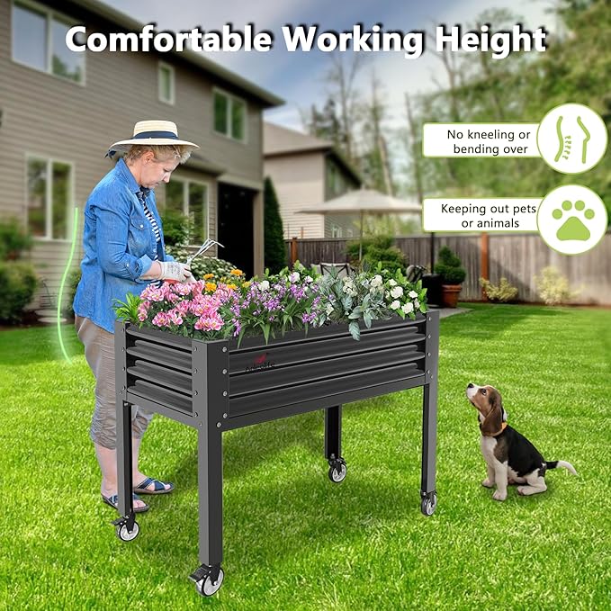 A ANLEOLIFE Galvanized Raised Garden Bed with Legs,48x24x35in Large Elevated Planter Box on Wheels with Drainage Holes for Backyard, Balcony, Patio, 600lb Capacity, Quartz Grey