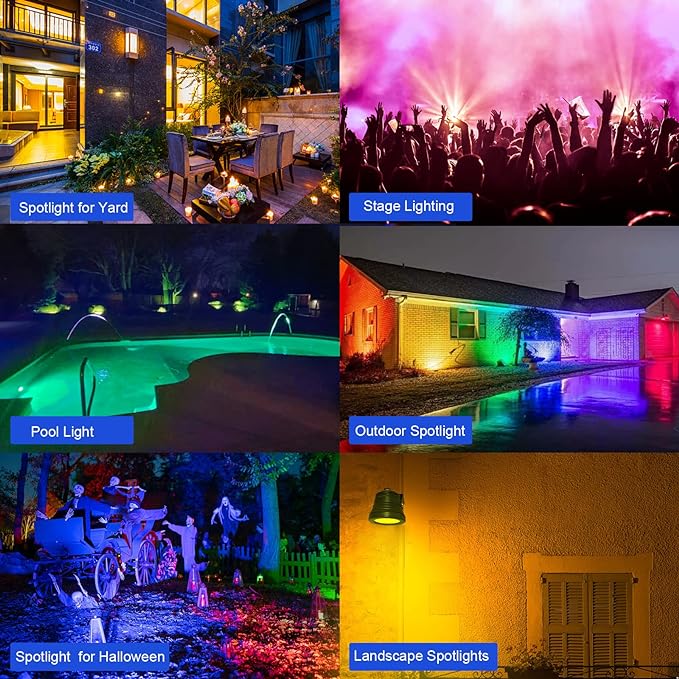 Spot Lights Outdoor, RGB Landscape Lighting 4XPack 15W IP67 Waterproof Spotlight Outdoor with Smart APP Control for Pathway Lights,LED Indoor Light(DC/AC 12V)