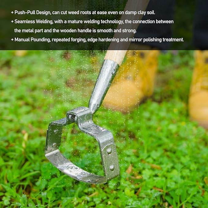 Berry&Bird Garden Weeder Hoe, 63'' Stainless Steel Hula Hoe for Weeding, Action Stirrup Hoe for Gardening Loop Scuffle Hoe with Wooden Long Handle Hand Weeder Tool Push Pull Dutch Hoe Heavy Duty