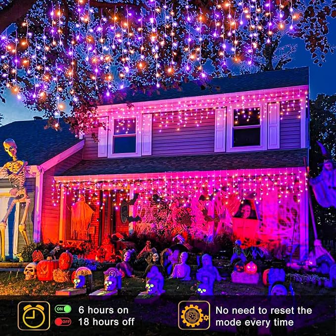 Christmas Icicle Lights Outdoor, 66ft 640 LED Icicle Lights for Outside with 8 Modes Timers, Waterproof Plug in Twinkle String Light for House Eave Patio Party Holiday Decorations, Purple Orange