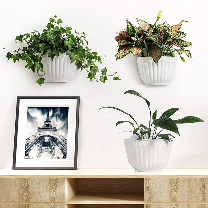 ORIMERC 4 Pack White Wall Planter Pots Vertical Living Wall Hanging Planters Wall Mounted Planter Holder with Drainage Hole for Indoor Outdoor Plants Wall Decor with Hooks/Screws