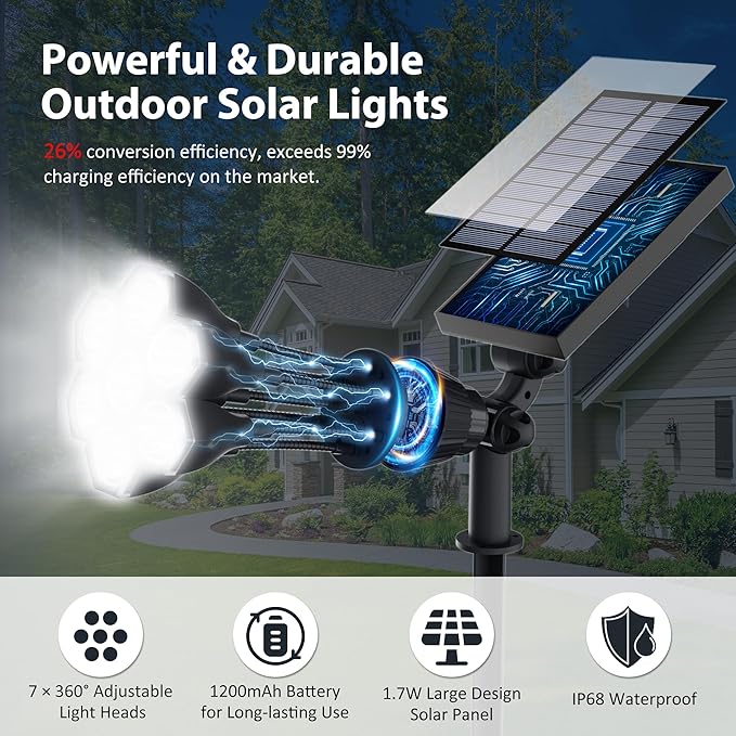 Solar Lights Outdoor Waterproof IP68, 360° Adjustable 4 Modes Solar Powered Spot Lights for Yard Garden Landscape, Bright Led Flood Lightings for Outside Wall Tree House Pathway (Cold White/2 Pack)