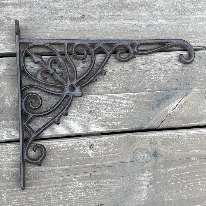 KiaoTime Cast Iron Hanging Hook Bracket Wall Hanger 12" Deep Outdoor Indoor Wall Hanging Bracket Hooks for Pots Basket Bird Feeder Wind Chime Lanterms Hanger Hardware Bracket