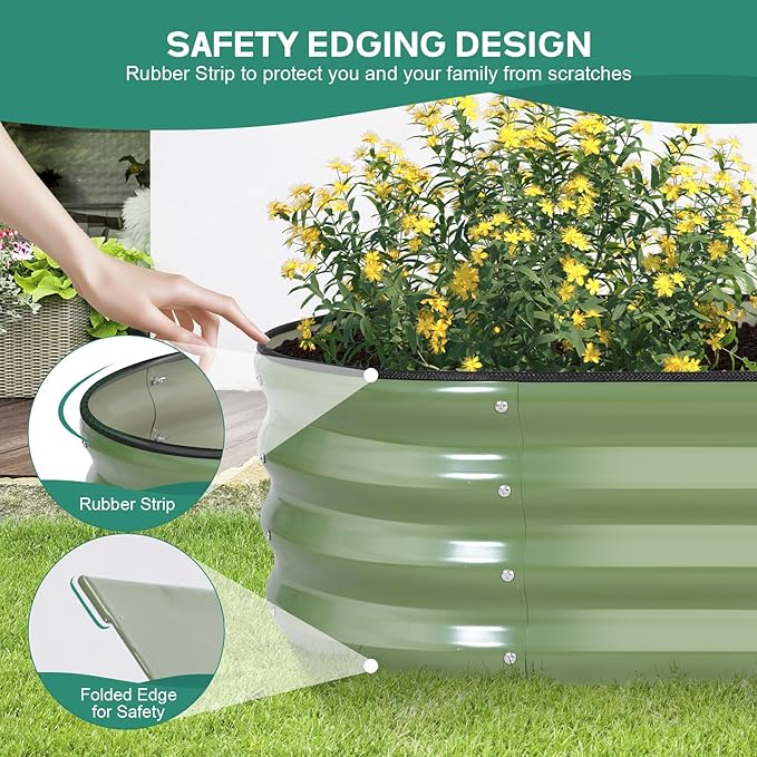 Galvanized Raised Garden Bed - 4×2×1ft (2 Packs) Planter Raised Beds for Gardening | Oval Metal Garden Planter Box with Safety Edging and Gloves for Vegetables Fruits and Flower OliveGreen