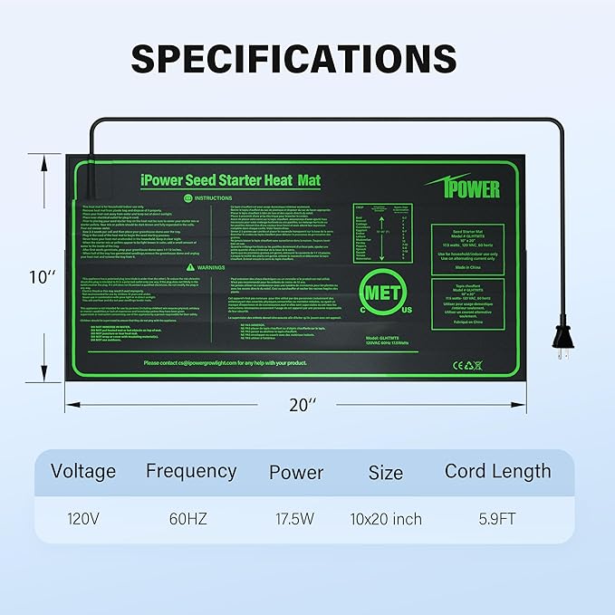 iPower Durable Waterproof Seedling Heat Mat Warm Hydroponic Pad for Efficient Seed Starting, Greenhouse Use, and Germination, 10" x 20", Black