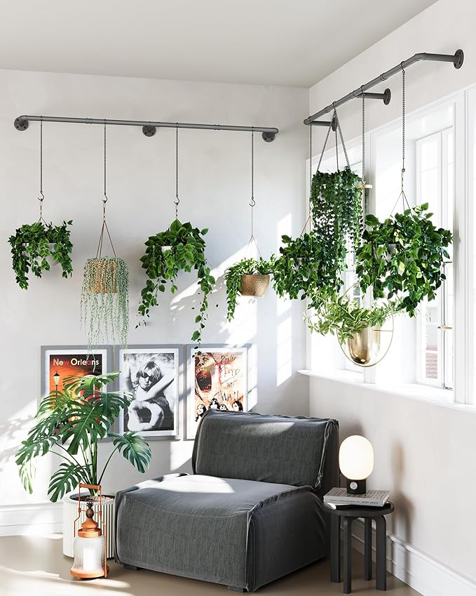 Plant Hanger Indoor, 2 Pack Hanging Planters Rod for Indoor Plants with 12 Hanging Chains, Wall Plant Hanging Rod for Window Ceiling, 65.7 Inch, Metal/Black, Pots Not Included…