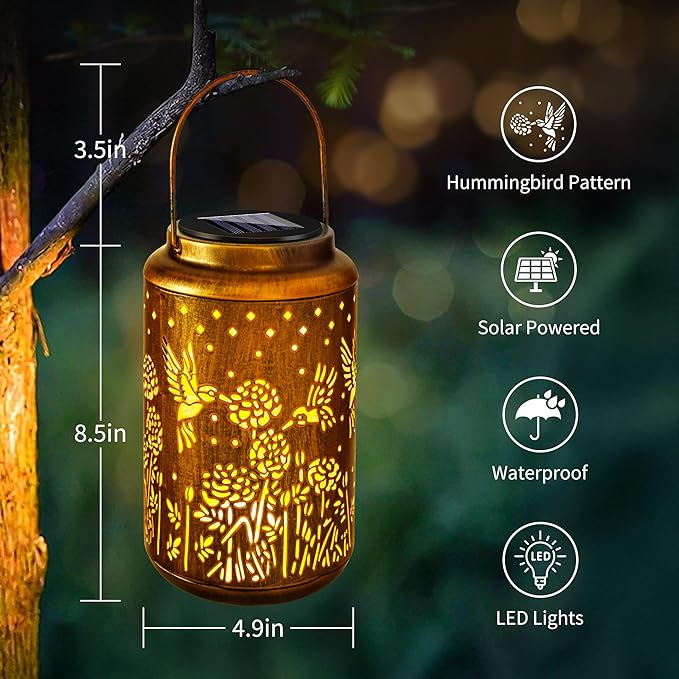 ODEETRONIC 2Pack Hummingbird Solar Lanterns - LED Solar Lantern Lights Outdoor Waterproof, Garden Lantern Lights Birthday Gift for Women, Metal Hummingbird Hanging Lanterns for Garden Yard Patio Decor