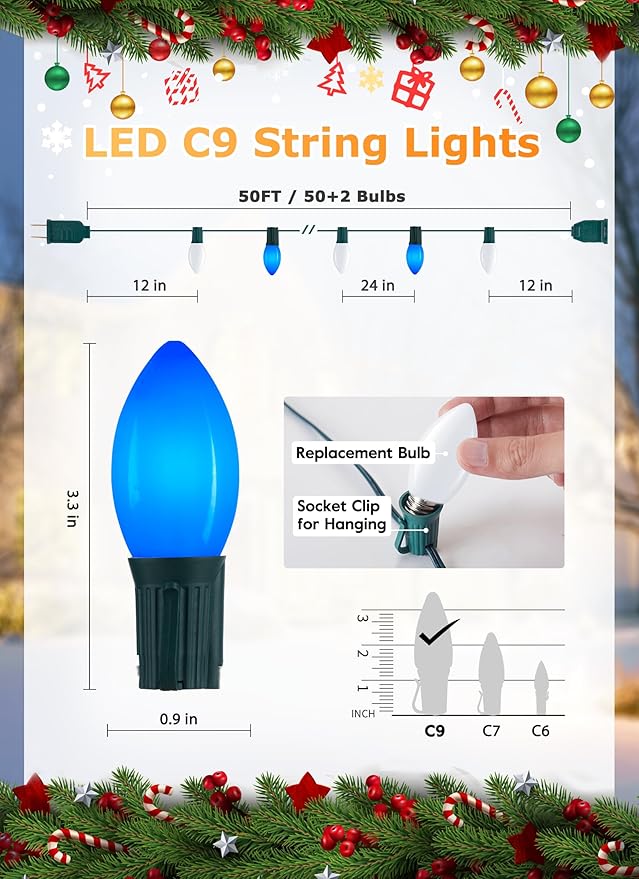 C9 LED Christmas Lights Outdoor, 50 Feet C9 String Lights with 50 Shatterproof Matte Bulbs, Connectable Waterproof Christmas Tree Lights for Holiday Roofline Backyard Garden Decor, Blue & Pure White