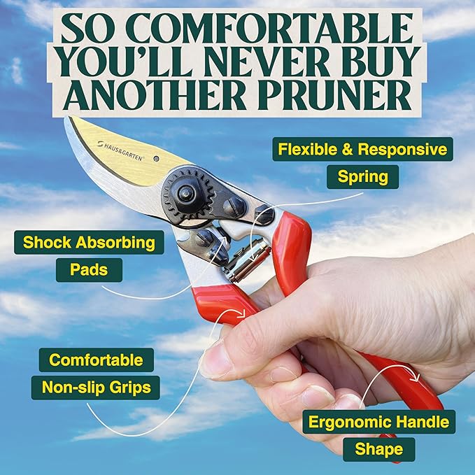 Haus & Garten EnduroPRO Ergonomic Bypass Pruners - Professional Titanium Garden Shears - Heavy Duty Hand Pruning Scissor, Tree Trimmer, Gardening Tool, Branch, Hedge, Rose, Shrub & Bush Clippers