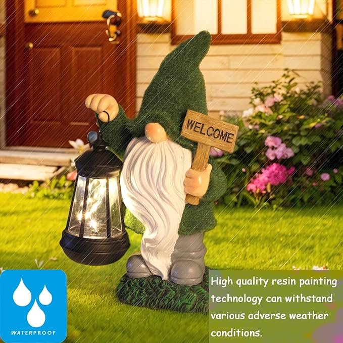 Garden Gnome Statue Solar Light Outdoor Decorations Figurine Welcome Sign with Lantern Sculpture Garden Decor Lawn Patio Yard Porch Outside Housewarming Gifts for Women Mother's Day Grandma