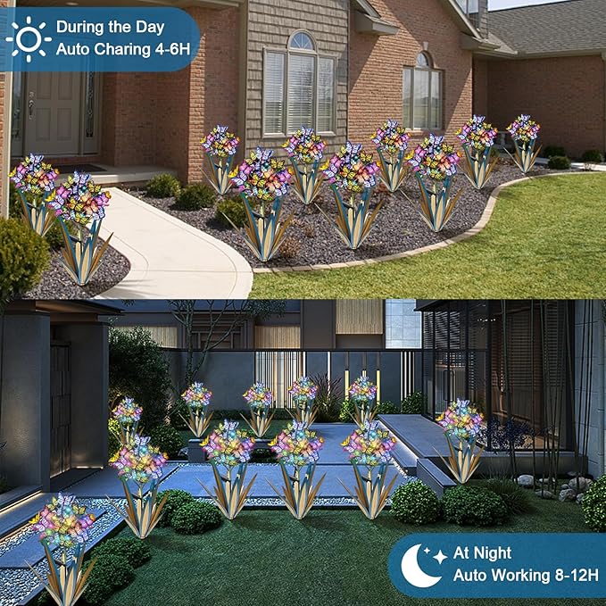 Homight Solar Metal Agave Butterfly Flower Stick Garden Sculpture Outdoor Gift Solar Garden Christmas Lights Swaying Butterfly Sunflower Garden Lights Solar Outdoor (3 PCS Blue)