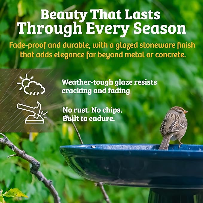 Birds Choice Ohio Stoneware Bird Bath | Pedestal Bird Bath, Stable Locking Top | Weather-Resistant Ceramic Clay, Glazed Finish | Outdoor Garden & Patio Decor | 22" H x 17" D, Summer Green
