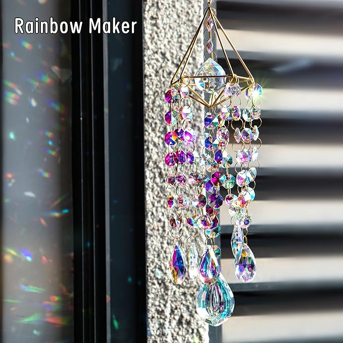 HDCRYSTALGIFTS Crystal Suncatchers for Window Hanging Wind Chime Style Garden Sun Catchers with Crystals Rainbow Maker Indoor Outdoor Decor Handmade Gold Plated
