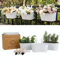 5 Pack Metal Hanging Flower Pots for Railing Fence，Outdoor Balcony Rail Planter with Garden Tools Detachable Hooks Drainage Holes for Deck Garden Home Decor White