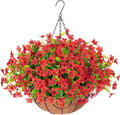 Artificial Fake Hanging Red Plants Flowers Basket for Outdoor Fall Winter Christmas, Faux Silk Daisy Mums Look Real UV Resistant for Outside Porch Home Patio Garden Yard Decoration