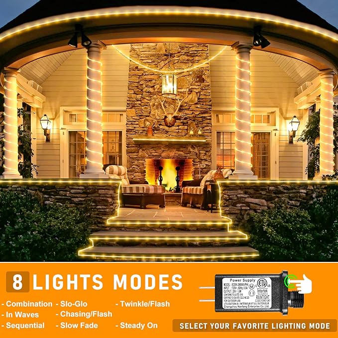 Rope Lights Outdoor, 100FT 300 LED Plug in Christmas Lights with Waterproof 8 Modes, Connectable String Twinkle Light for Indoor House Patio Garden Party Holiday Decorations, Warm White