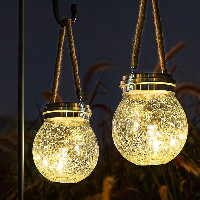 ROSHWEY Solar Lantern, 2 Pack Garden Decor Lights Waterproof Outdoor Lanterns with 30 LED Solar Lights Patio Hanging Lights for Backyard Fence Pathway Porch Christmas Decorative, Warm White