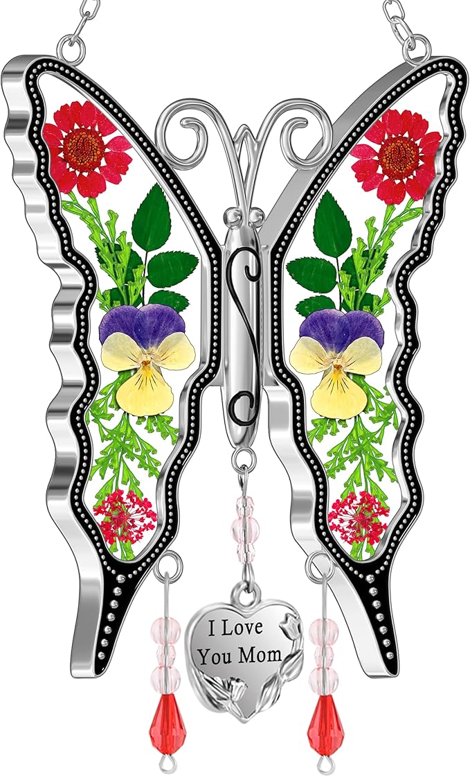 KY&BOSAM Gifts for Mom Butterfly Suncatcher Mom Gifts Mothers Day I Love You Mom Stained Glass Sun Catcher for Window Hangings Wind Chime Ornament Birthday Gift for Mother`s Day Valentine`s Christmas