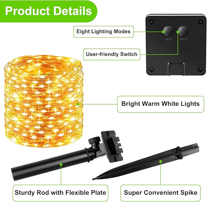 Outdoor Solar String Lights Waterproof 288Ft, 4-Pack Each 72FT 200 LED Solar Powered Fairy Lights with 8 Lighting Modes, Copper Wire Lights for Patio, Garden, Party, Wedding (Warm White)