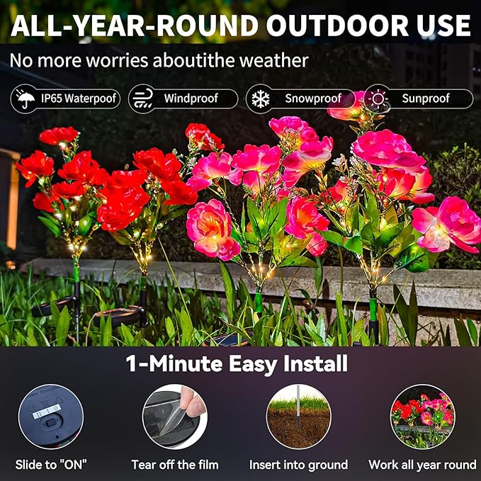 Neporal Solar Flowers Outdoor Waterproof Camellia，4PK Decorative Garden Lights Solar Powered Dusk to Dawn, 7-Stem, 2 Lighting Modes Plants Lights for Yard, Backyard, Porch (Pink+Red)