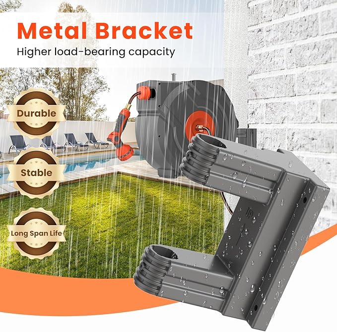 Upgraded Retractable Garden Hose Reel 1/2" x 155 ft Pro 180° Swivel Metal Bracket Automatic Retract Heavy Duty Hose Reels Wall Mount Any Length Lock 9 Pattern Nozzle Garden Watering