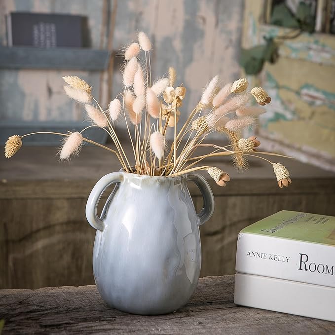 Gray Ceramic Vase with 2 Handles, Modern Farmhouse Decor, Rustic Terracotta Pottery, Decorative Flower Vases, Clay Small Vase, Centerpiece for Dining Table - 7 Inch Tall